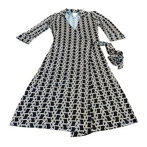 Donna Morgan Women’s Stretch Wrap Dress Blue Cream Print Size 4